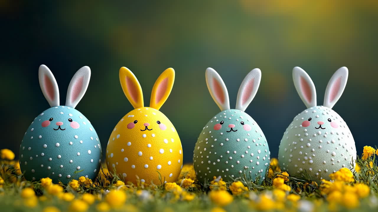 Easter eggs with bunny ears. Four decorated Easter eggs with bunny ears sit in a field of yellow flowers under a bright sky, celebrating springtime