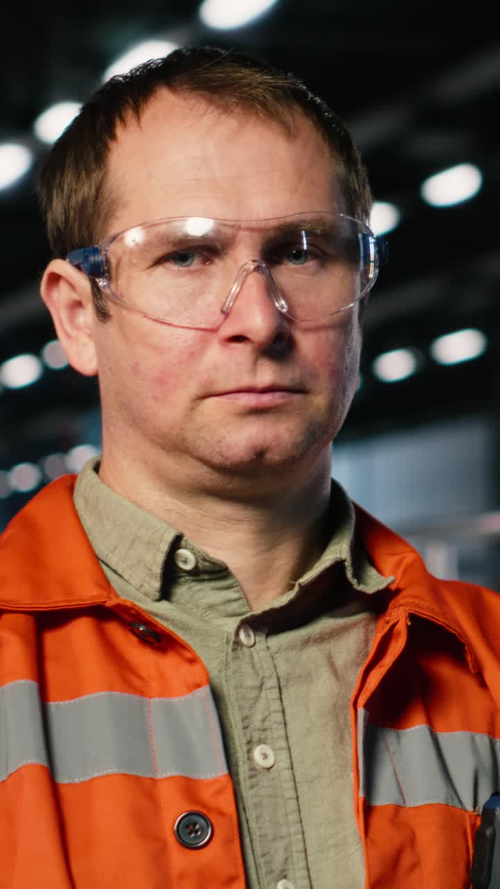 Vertical Video Portrait of supervisor in industrial workshop facility with protective gear