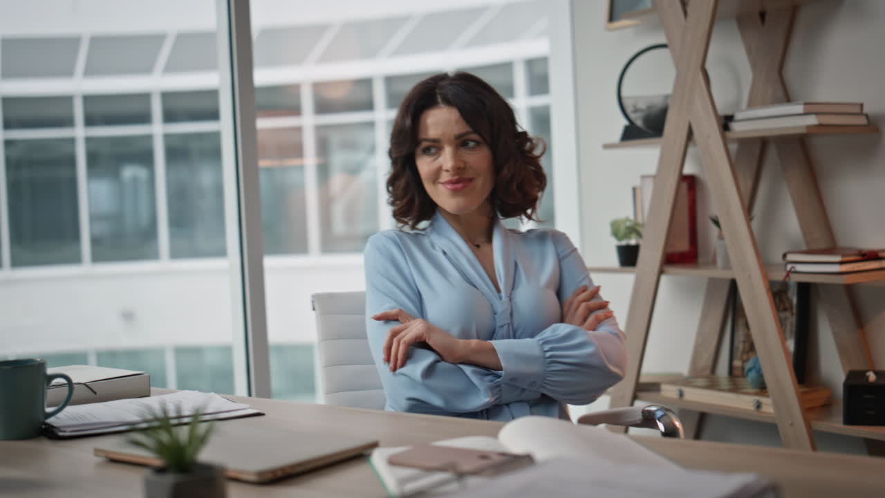 Business lady finish typing laptop satisfied creative project in office closeup