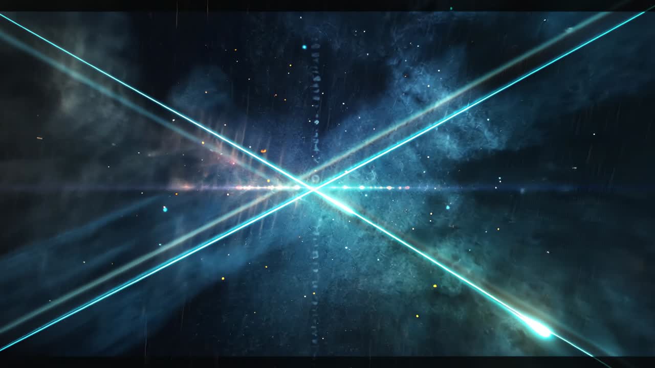Starting in nebula, cyan beams intersecting center, pulsing column emitting motes and fading glow