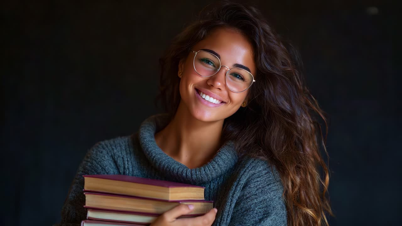 Una giovane donna felice con i capelli lunghi e gli occhiali tiene in mano una pila di libri, irradiando positività ed entusiasmo in un'atmosfera accogliente e calda, perfetta per la lettura