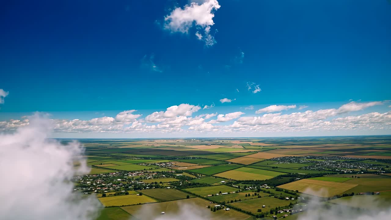 Pulling back cloud edges revealing cloud opening over farmland, exposing patchwork farms