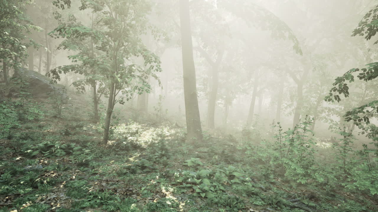 Enchanted forest bathed in morning mist with lush greenery and serenity
