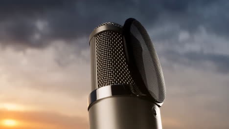 Professional Studio Microphone with Pop Filter Against a Cloudy Sky
