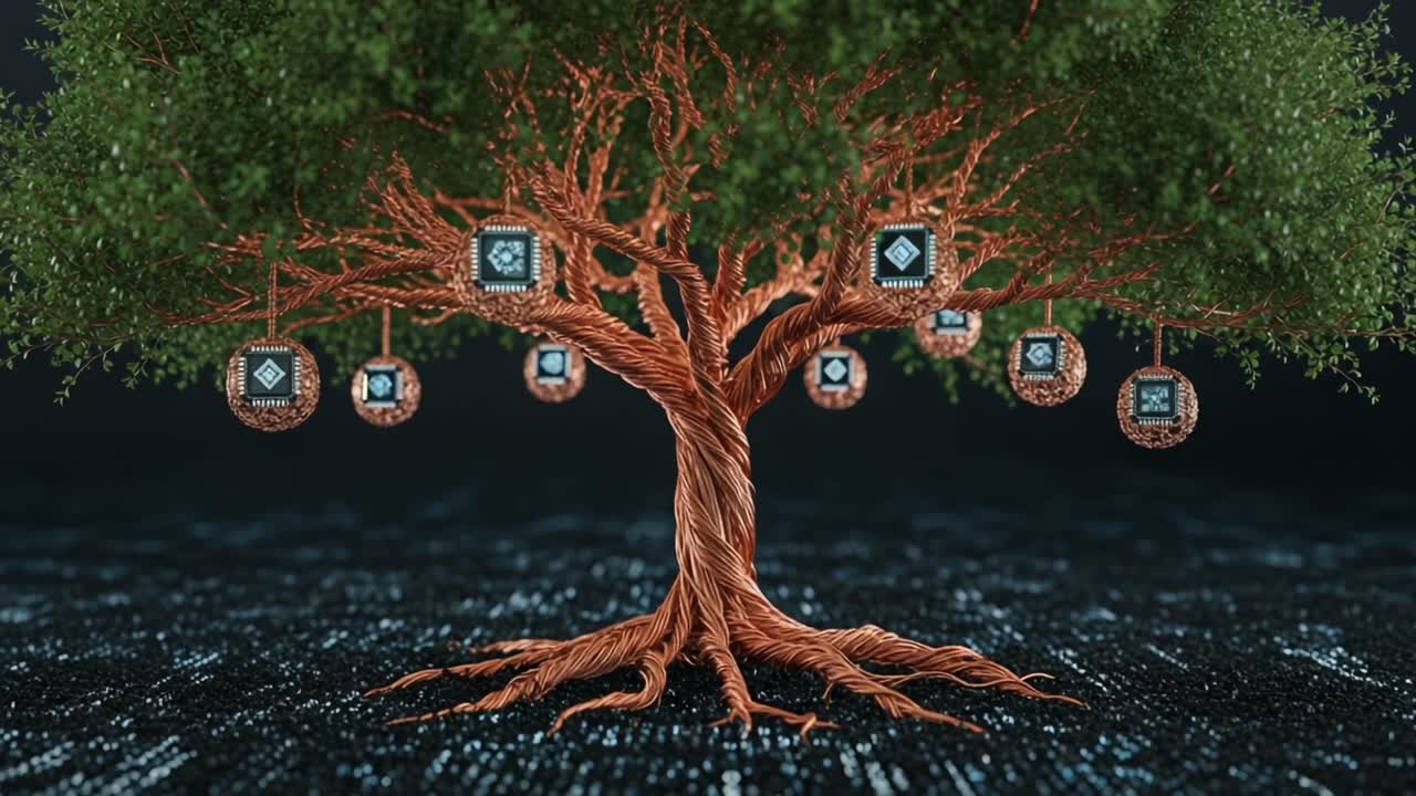 A Stunning Visualization of a Data Tree: Exploring the Symbiosis Between Nature and Technology with Digital Nodes Representing Information and Connectivity