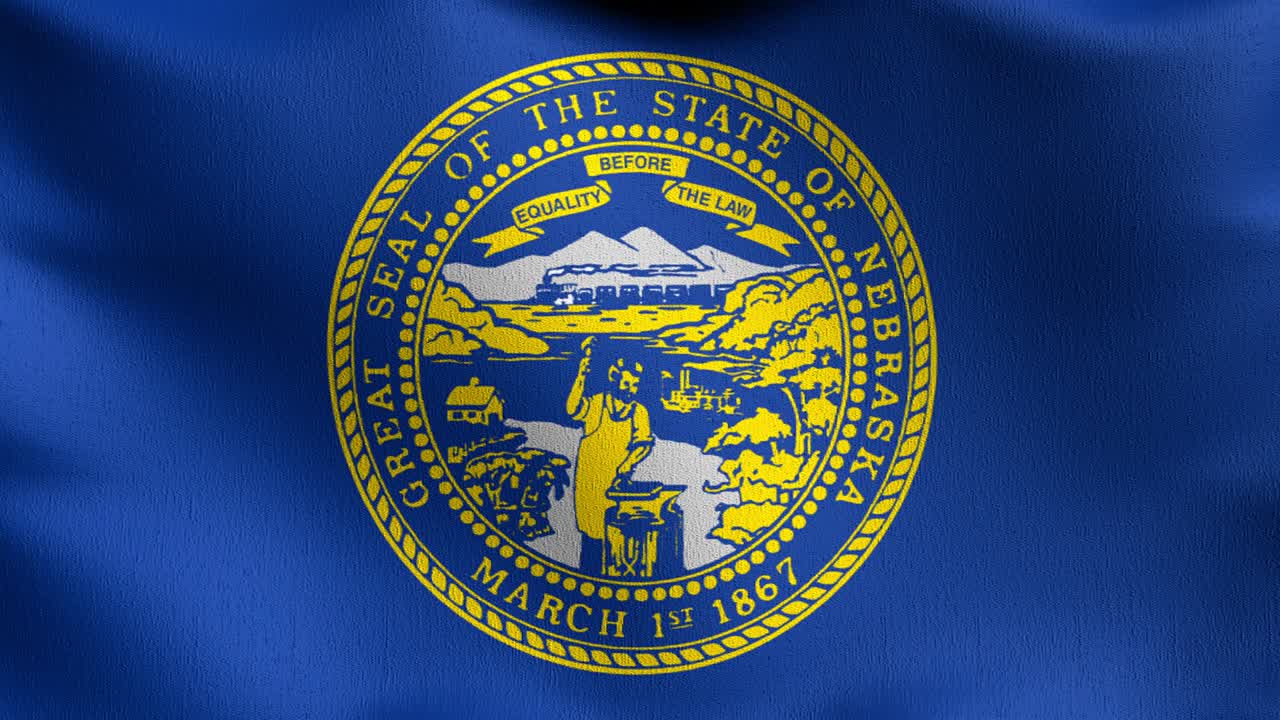 bucle sin costura 4k vdo. bandera del estado de nebraska en los estados unidos de américa, estados unidos, soplando en el viento aislado. diseño abstracto patriótico oficial. ilustración de renderización 3d del símbolo de señal ondulante.