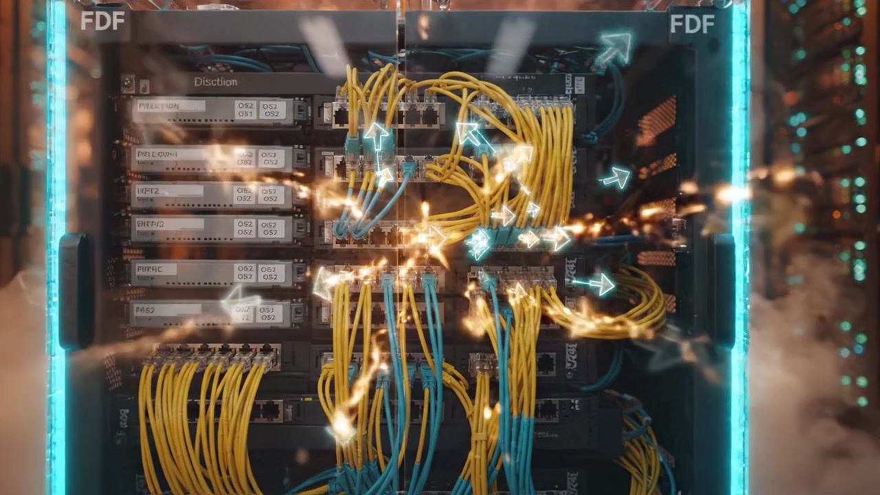 High-Tech Data Center with Illuminated Server Rack and Colorful Fiber Optic Cables Surrounded by Mist, Emanating a Sense of Innovation and Connectivity
