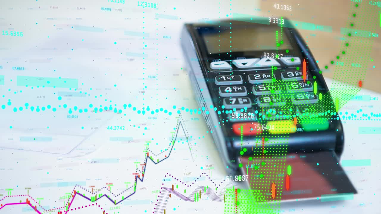 Animation af finansiel databehandling over et kreditkort indsat i en terminal