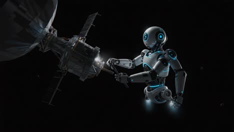 a futuristic robot engaging with a space probe: capturing the essence of automated exploration and engineering in outer space