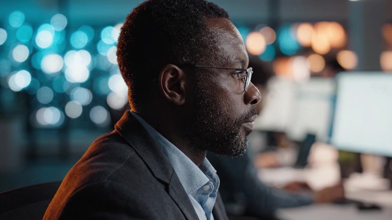 Professionista concentrato che analizza dati in un ambiente d'ufficio poco illuminato con più monitor che mostrano informazioni sullo sfondo