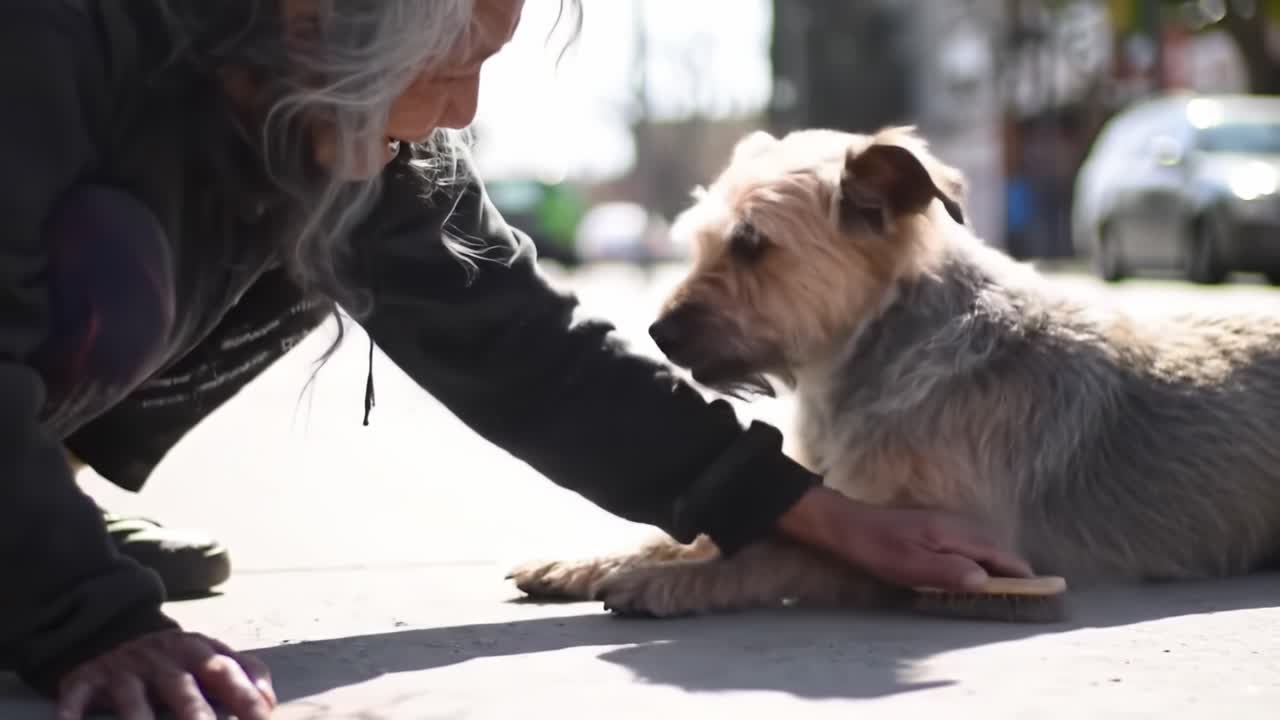 An Heartwarming Encounter: An Elderly Person Gently Brushes a Dog in a Sunlit Neighborhood, Capturing a Moment of Bonding and Care in Everyday Life
