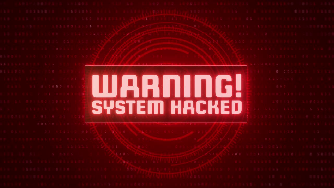 Advarsel: System hacket! Meddelelse om computerhacking med glitch-effekter og binær rød baggrund.