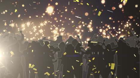 glowing spots of lights and confetti falling over silhouettes of people dancing