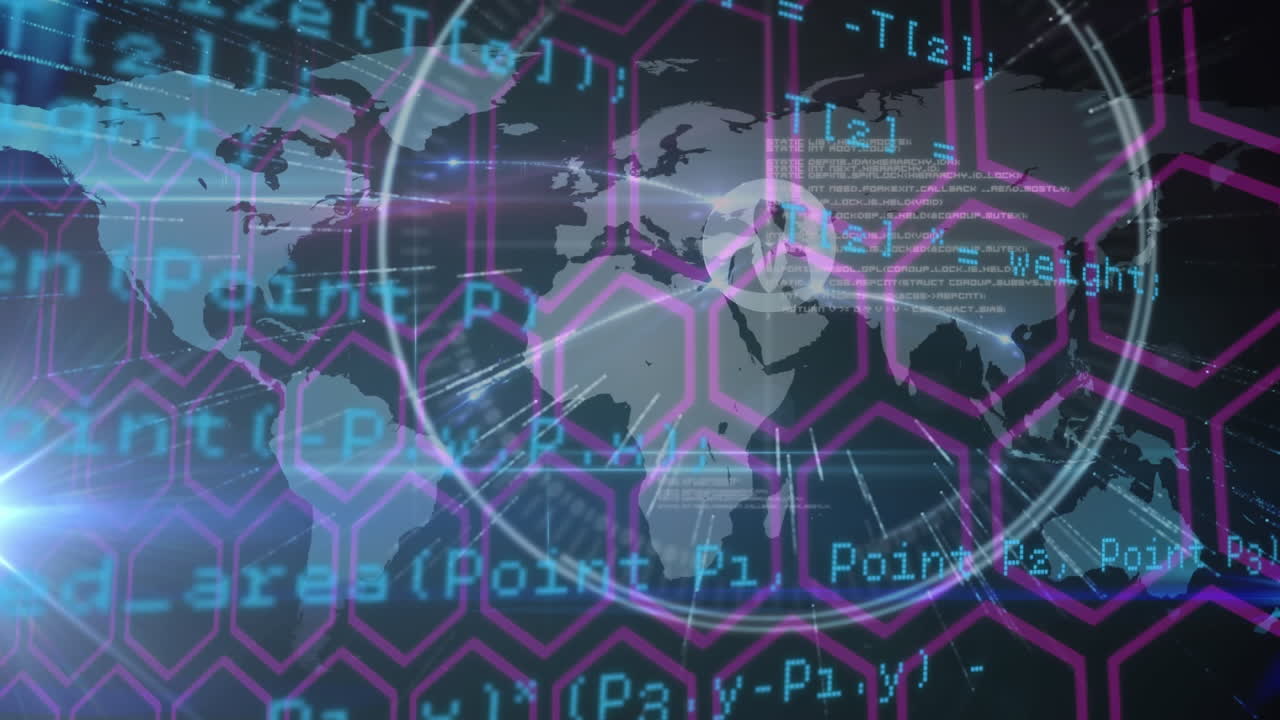 animación del procesamiento de datos y el escaneo de alcance sobre una red de hexágonos y un mapa del mundo