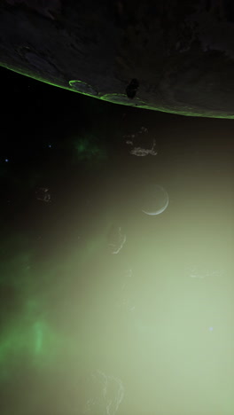 una vista de un planeta lejano y sus lunas en una nebulosa verde