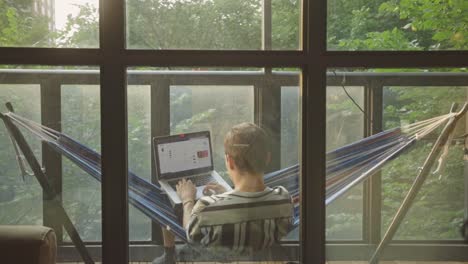 rear view of a man using laptop while relaxing in a hammock