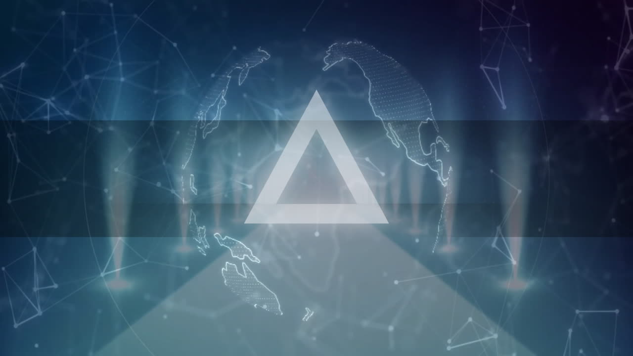 Animation of digital network connections with geometric shapes and world map overlay