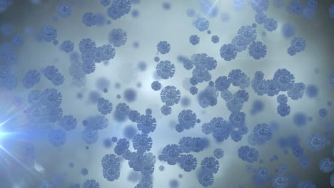 animation of covid 19 cells floating on flickering blue background