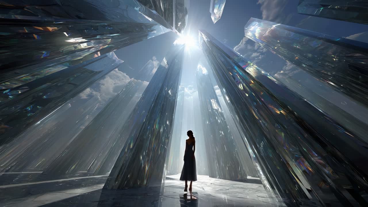A solitary figure stands gazing at a breathtaking environment dominated by towering crystalline structures, illuminated by radiant light beams filtering through, creating a mesmerizing atmosphere