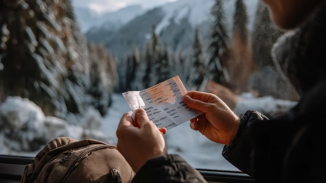 A passenger examines their travel ticket while enjoying a scenic winter view of snow-covered mountains and trees from a train window, evoking a sense of adventure and journey