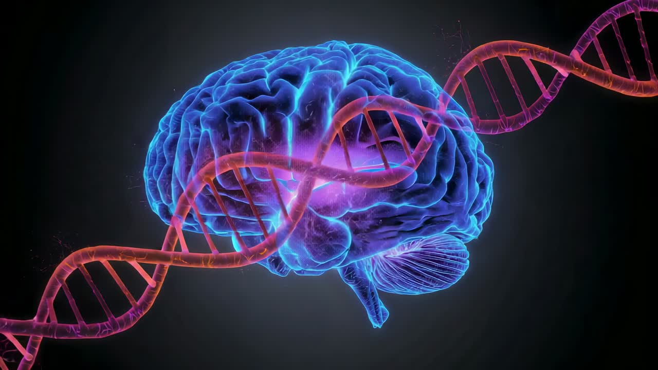 Appearing translucent blue and purple 3D brain pulsing glow in void, wrapping animated DNA helix