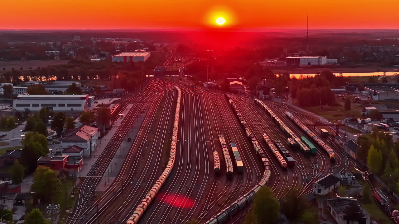 Train yard filled with freight cars at sunset under intense red-orange sky in drone video