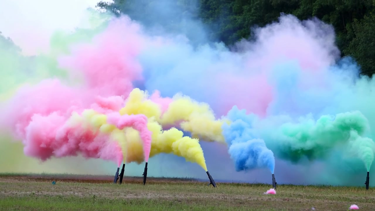 Bombolette a terra in un campo erboso aperto rilasciano denso fumo color pastello che sale, si diffonde e si mescola in una vasta foschia multicolore con volute di fumo, luce diurna soffusa e un'atmosfera giocosa all'aperto