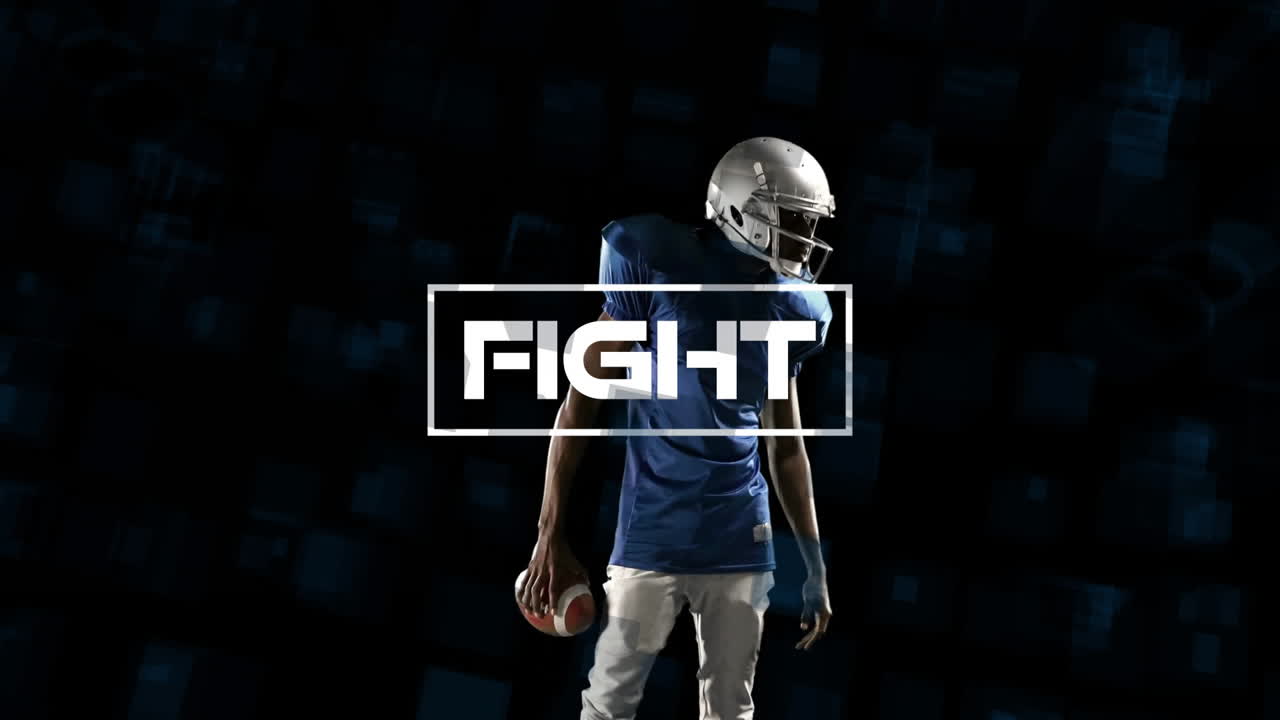 Holding football with FIGHT text, player on dark background in animation