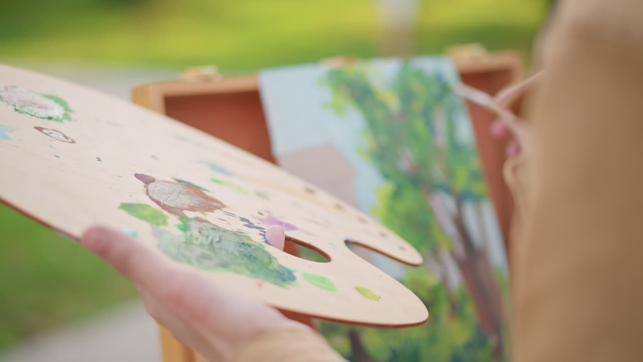 Un artista urbano cattura la luce del sole su aree di lavoro all'aperto. Un pittore crea una scena paesaggistica con alberi e abitazioni in un parco. Un artista dipinge una scena di un parco cittadino con alberi e un'accogliente casa all'aperto.