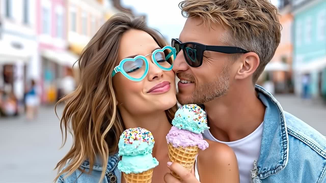 A man and a woman wearing heart shaped sunglasses holding ice cream cones