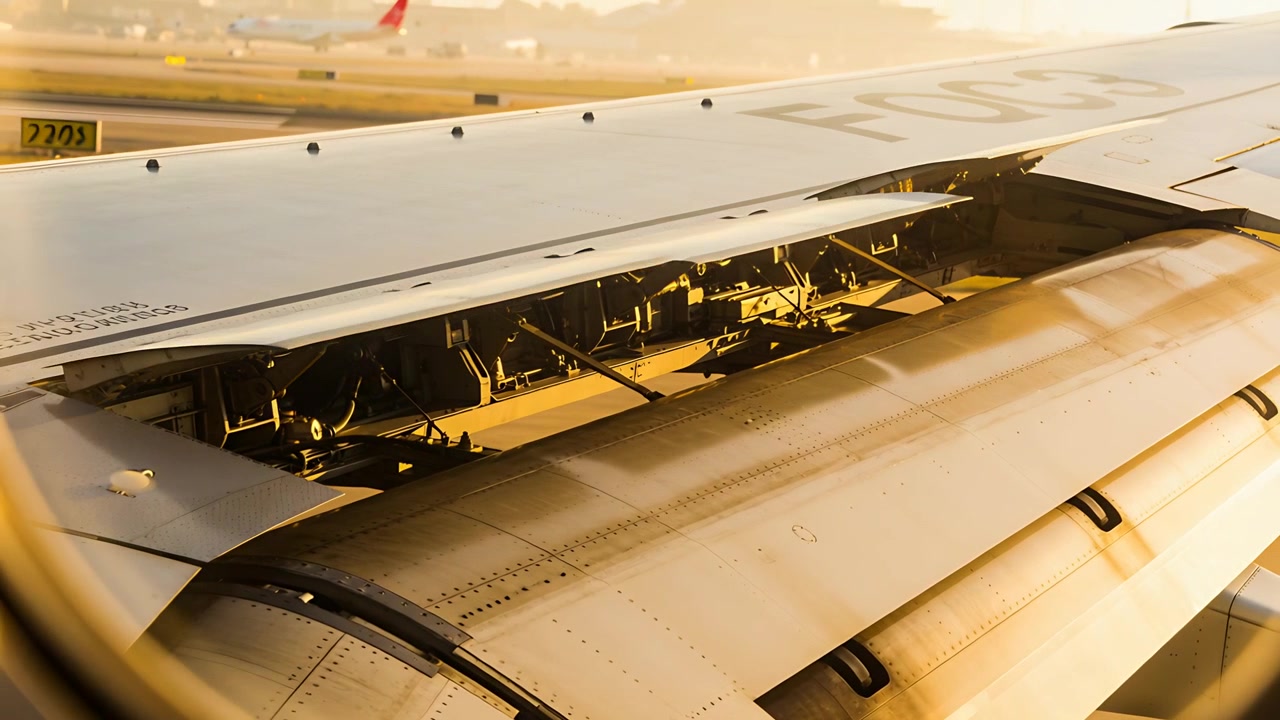 Pannelli spoiler che si estendono sull'ala di un aereo di linea dal finestrino dopo l'atterraggio, esponendo i collegamenti idraulici