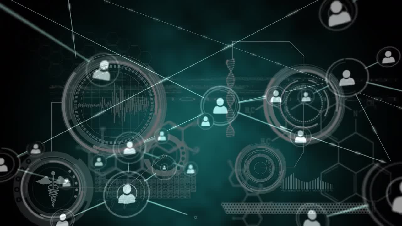 animación de redes de conexiones y procesamiento de datos médicos sobre fondo negro