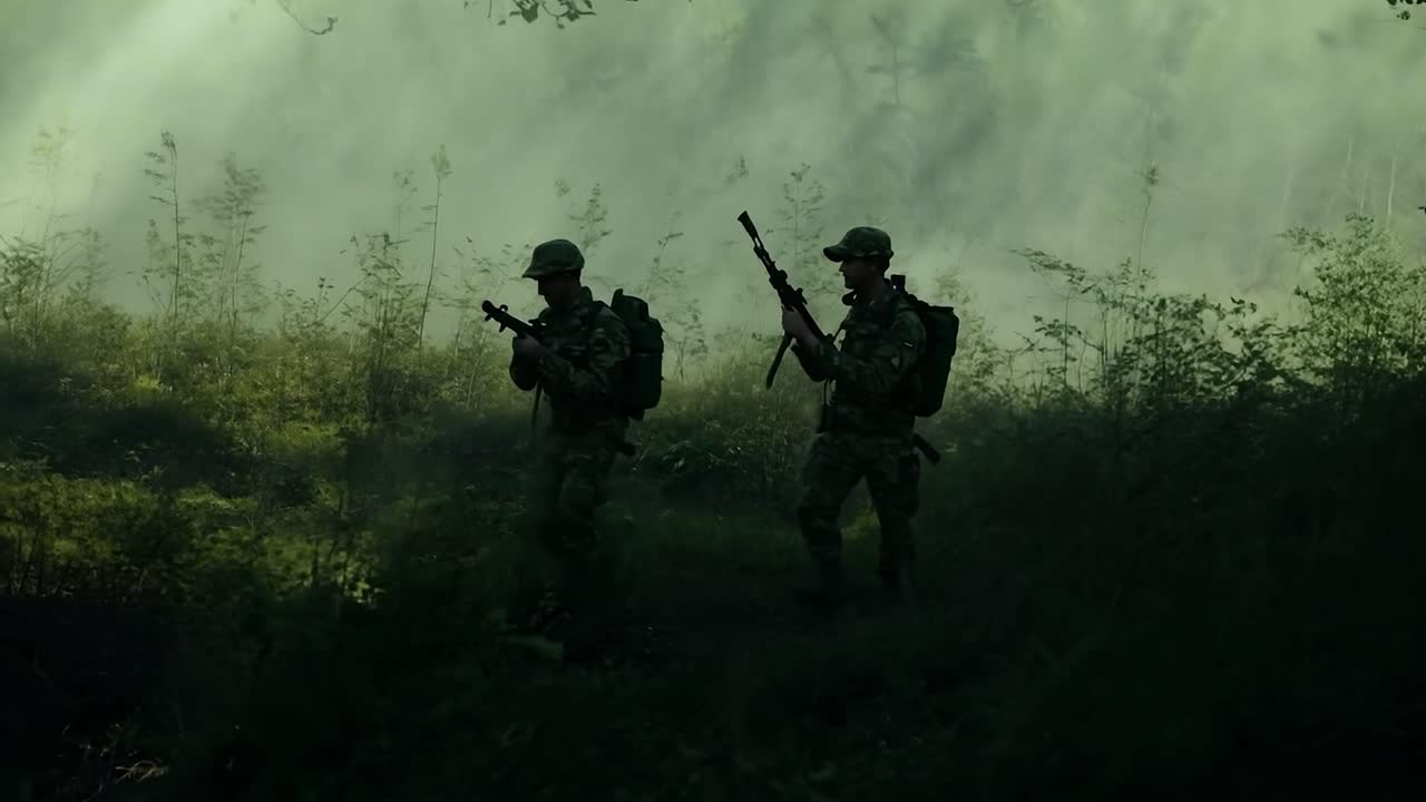 soldados corriendo por un bosque