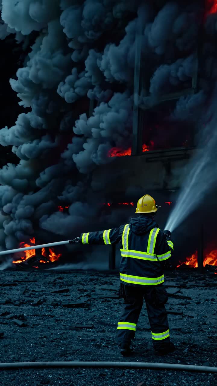 A firefighter in full gear battles flames with a hose, viewed from behind