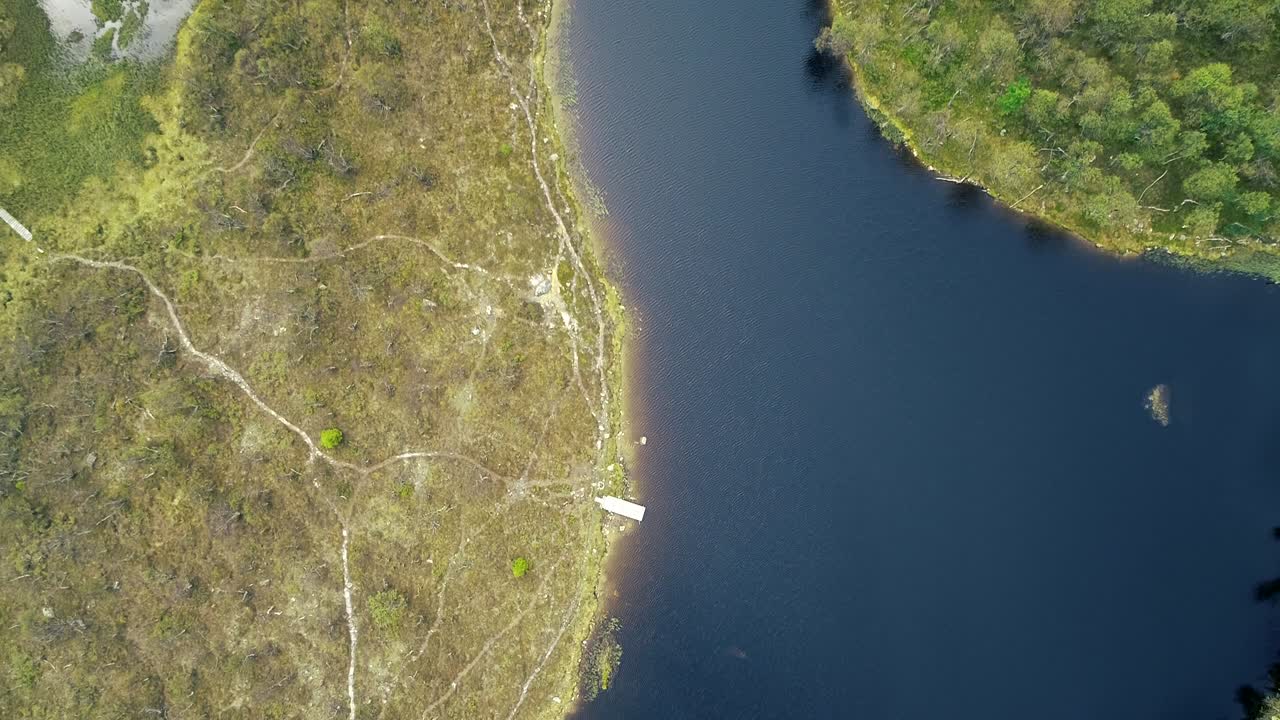 lago de montaña azul y paisaje escarpado visto desde arriba