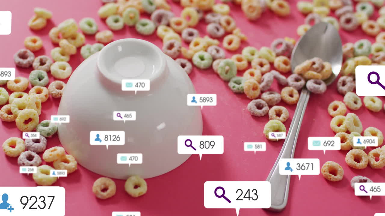 Scattered colorful cereal with social media icons over pink background in animation