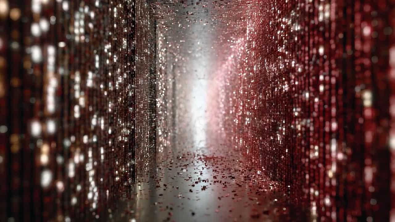 Un corridoio incantevole, adorno di particelle luminose e luci scintillanti, crea un percorso magico che cattura i sensi e trascina gli spettatori in un mondo di meraviglia luccicante.