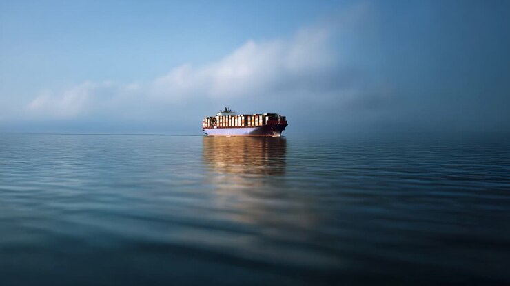 A solitary cargo ship gliding over the calm, reflective surface of the ocean under a clear blue sky, surrounded by soft mist and tranquility