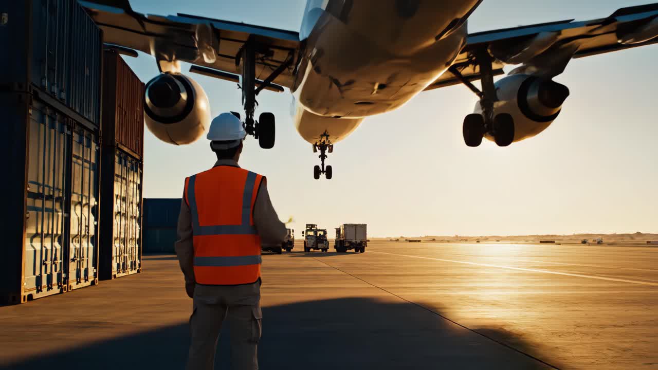 Aereo in atterraggio all'aeroporto con personale di terra