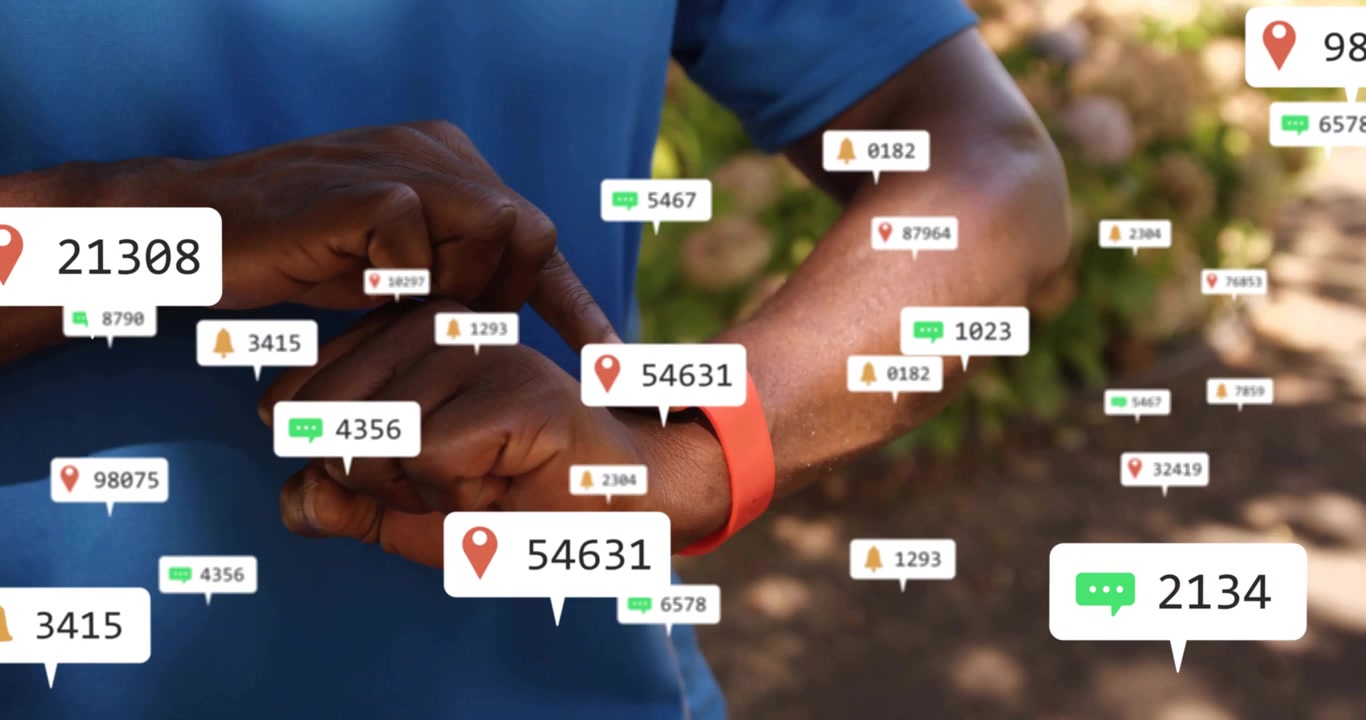 Man wearing blue shirt tapping smartwatch on path, checking alerts as pins chats badges multiplying