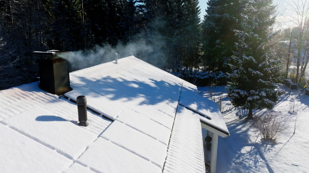 vista aérea de una chimenea humeante y paneles solares cubiertos de nieve en el techo de una casa