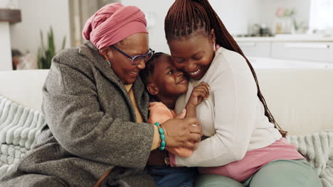 Black-family,-living-room-and-hug-on-sofa