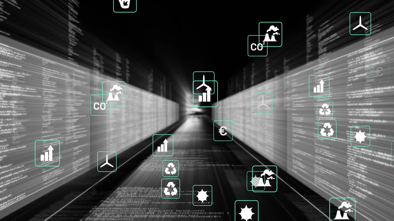 Digital corridor showcasing floating eco and economic icons and panels displaying scrolling code