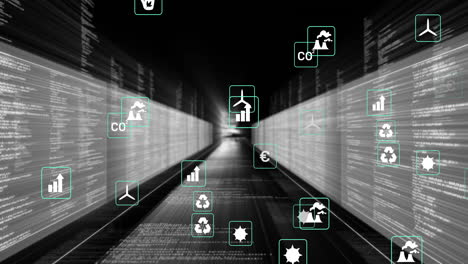 Digital corridor showcasing floating eco and economic icons and panels displaying scrolling code