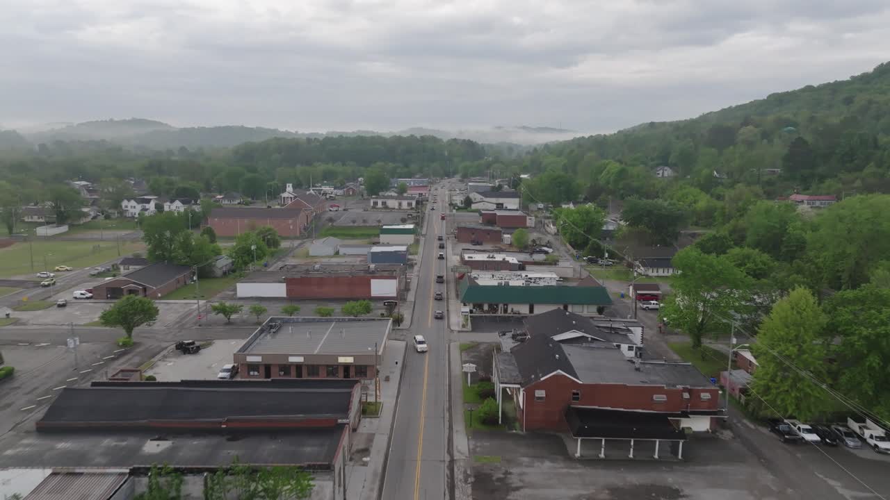 Aerial Rocky Top Tennessee Straight in Main street