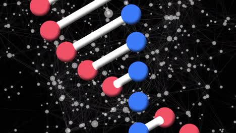 animation of a dna strand rotating over network of connections on black background