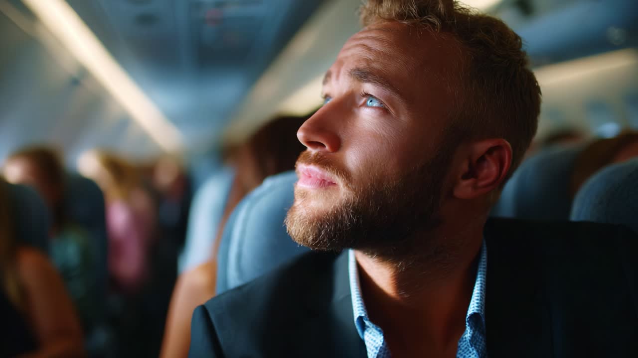 Un passeggero pensieroso nella cabina di un aereo: momenti di riflessione, aspettativa e viaggio personale catturati in mezzo a un volo affollato, evidenziando il contrasto tra individualità e spazi condivisi