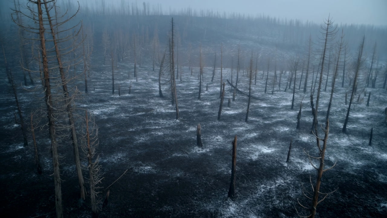 Aerial Charred Forest After Wildfire Misty Dawn, Bluegray Light With Skeletal Trunks Rising From Ashcovered