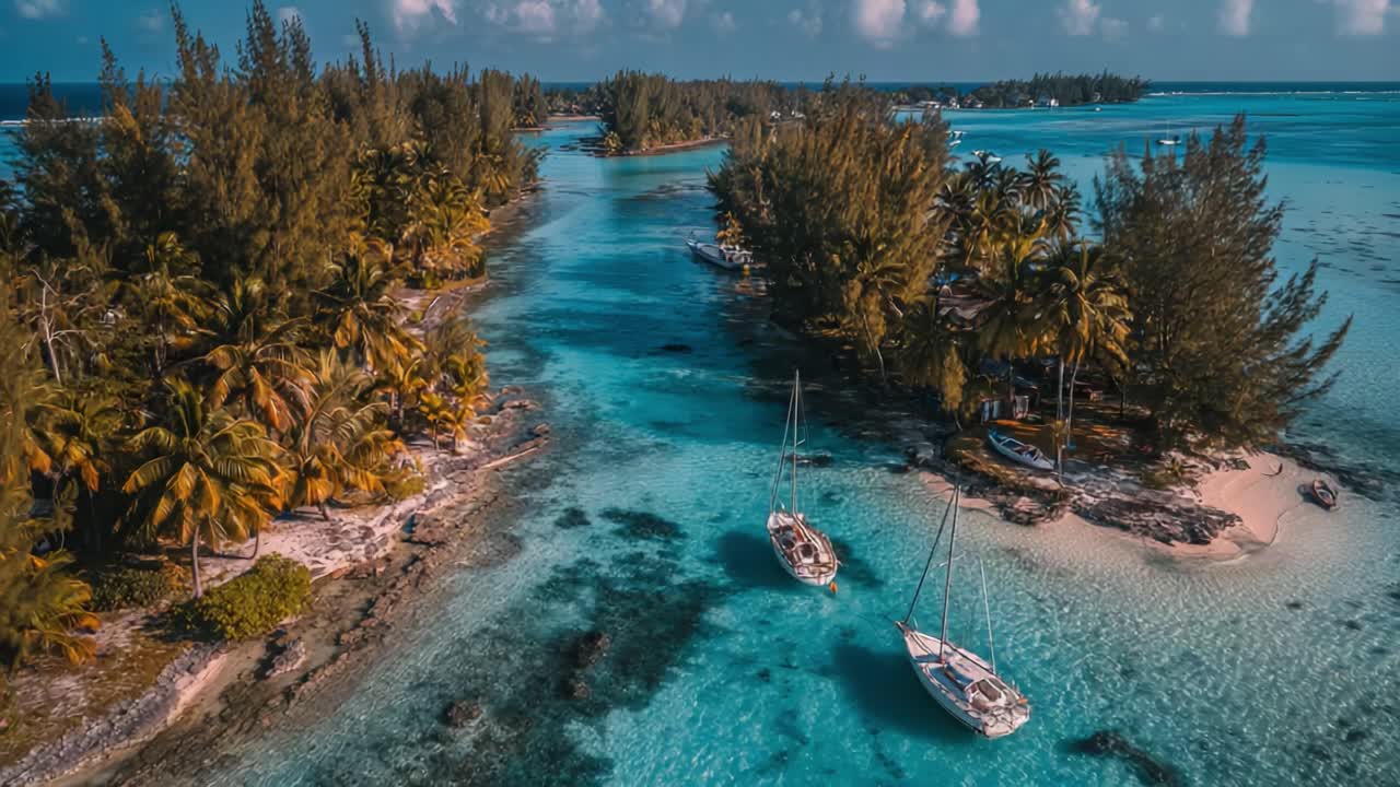 Vue aérienne époustouflante d’un paradis tropical avec des palmiers luxuriants et des eaux cristallines, mettant en valeur deux voiliers dans un paysage côtier idyllique