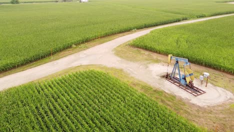 Aerial-View-Of-Oil-Pump-In-A-Corn-Field-In-Isabella-County,-Michigan---drone-shot